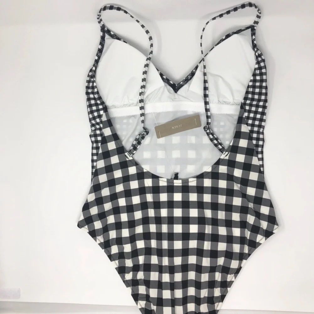 J. Crew Deep V-neck One-piece Swimsuit, Gingham Size 8 NWT